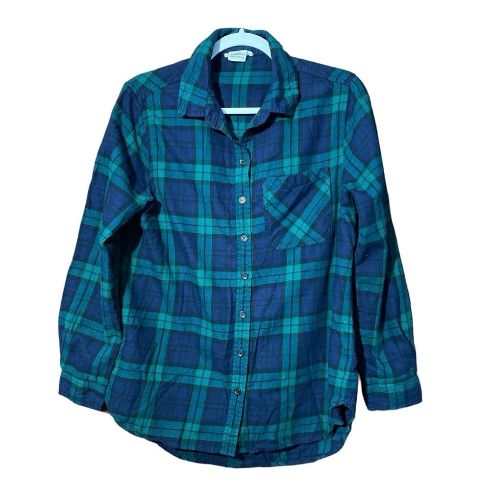 Beach Lunch Lounge Boho Plaid Flannel Green Long Sleeves Button Down Size Small